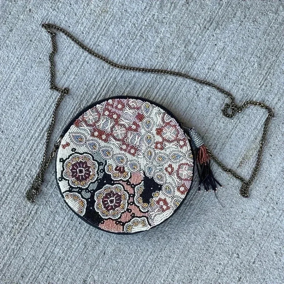Anthropologie Handbags - Anthropologie Florence Beaded Round Pouch Crossbody Purse Bag Boho Bohemian